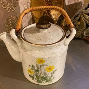 Japanese Teapot With Rattan Handle Floral Design Vintage